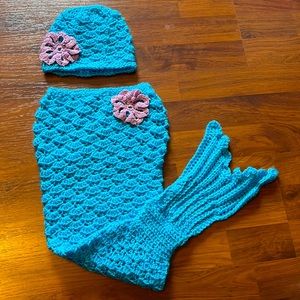 Handmade crochet mermaid tail & hat photo prop